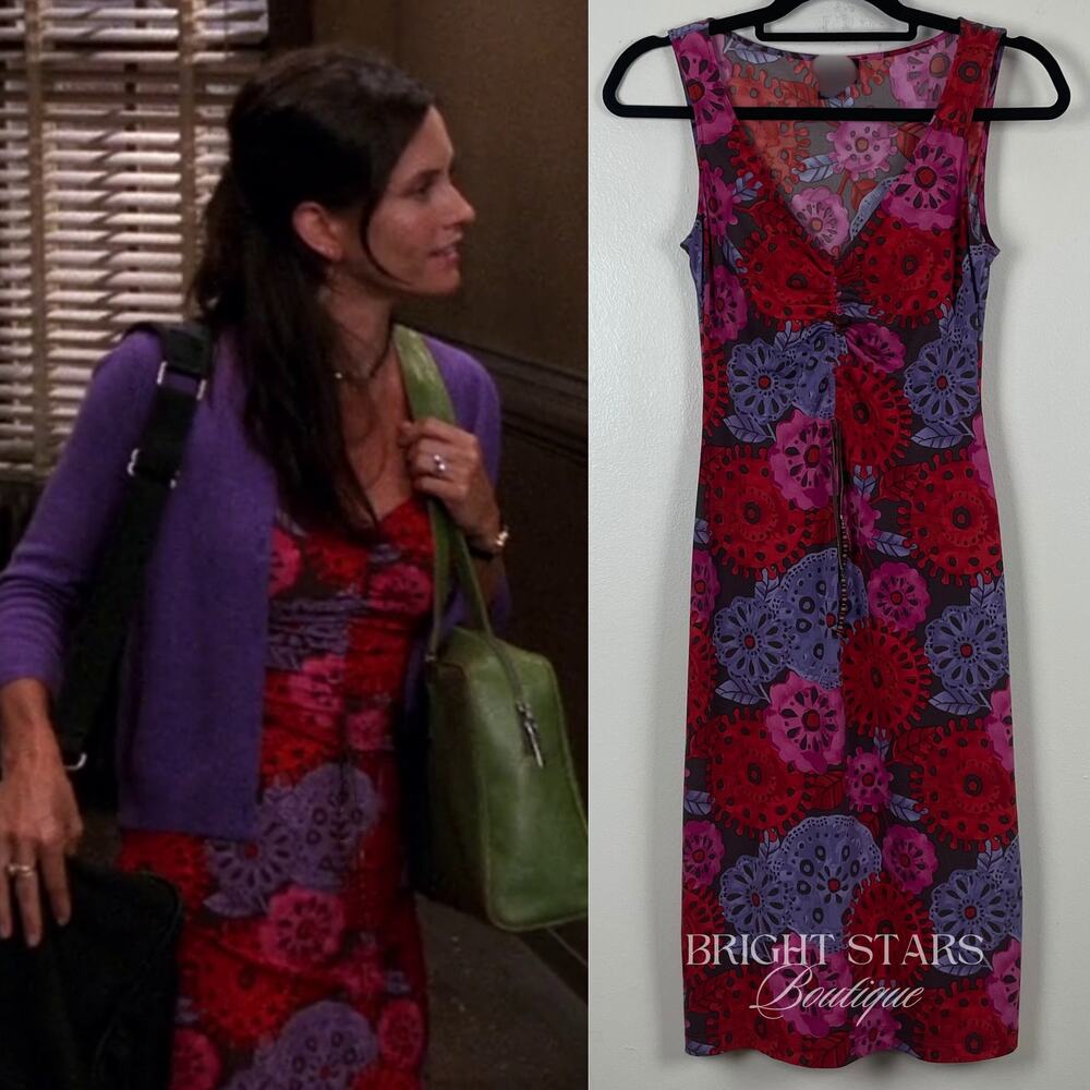 Rare Vintage Sleeveless Patterned Dress ASO Monica Geller Friends Y2K Pink Red